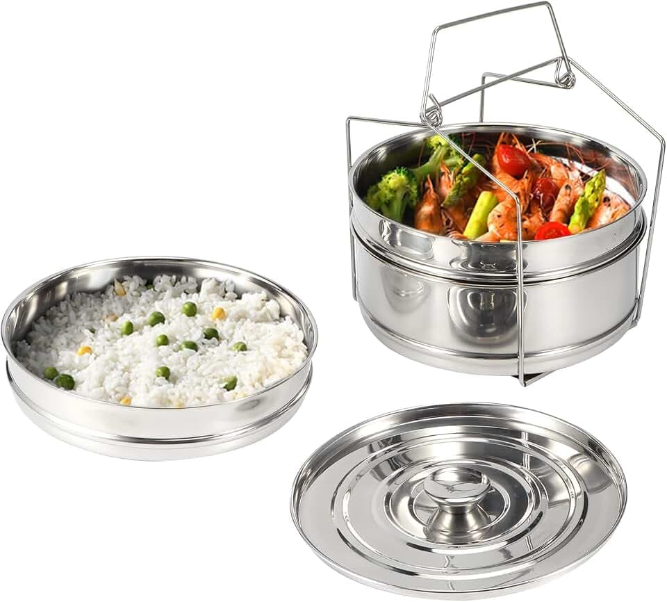 Stapelbarer Dämpfeinsatz, 304 Edelstahl Dampftopf, 3 stufiges stapelbares Dämpfgeschirr mit Deckel, Topf im Topf, Backen, Aufläufe, Lasagnepfannen, Lebensmitteldampfgarer