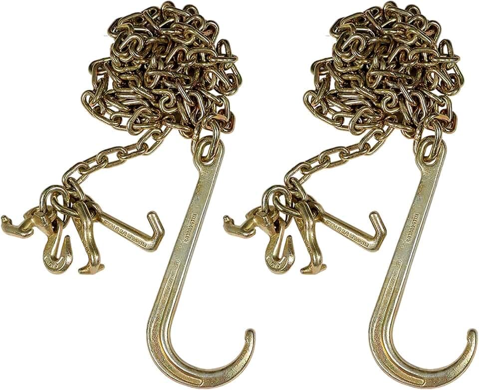 waltyotur 2PCS G70 5/16x10 Transport Tow Chain J Hook Long Shank w/R T J & Grab Hook Safe Working Load 3,700 lbs