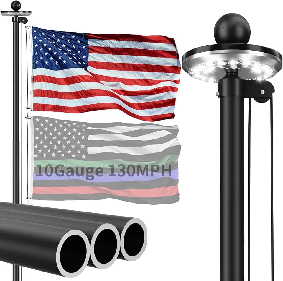 25 FT Heavy Duty Flag Pole 130MPH Wind Test 10 Gauge with Solar Light