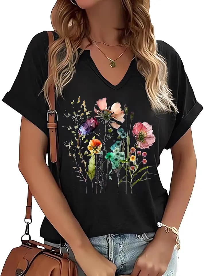 PUCKOLITY Vintage Flowers V Neck Shirt for Women Boho Floral Wildflowers Graphic Tee Casual Cottagecore Summer T Shirt