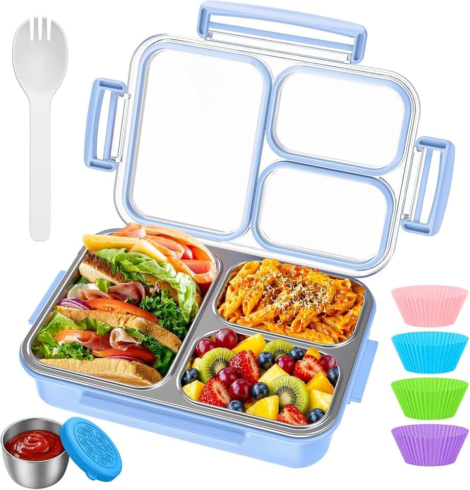 KHOXU Stainless Steel Lunch Box for Kids, Bento Box Adults, 28oz Blue