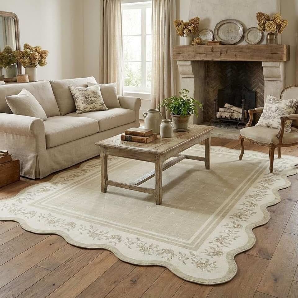 Garvee Washable Rugs for Living Room 8x10 Area Rugs Scalloped Rug Beige