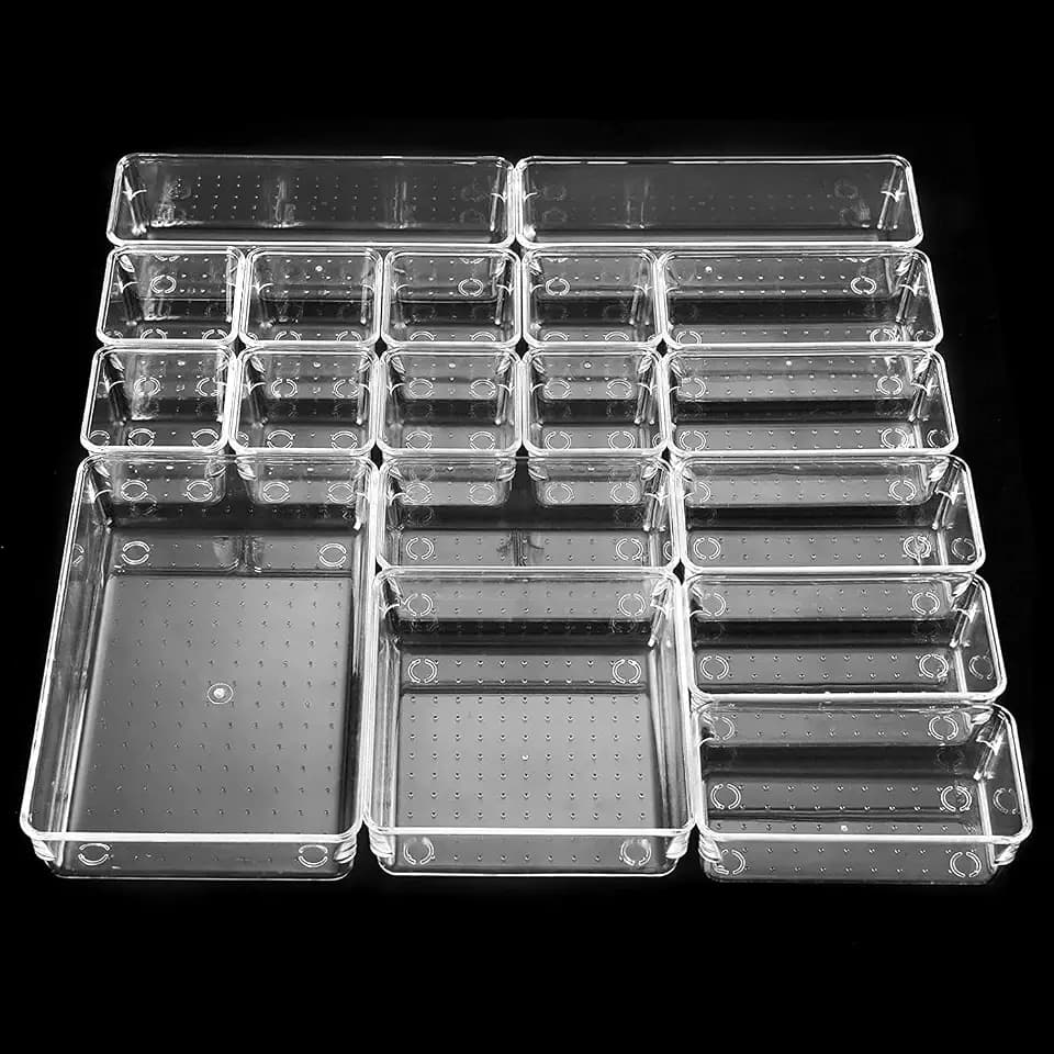 18 Stücke Kunststoff Aufbewahrungsboxen für Büro,Aokyom Makeup Organizer Schubladen , Veranstalter Schubladen Ordnungssystem Durchsichtig Schubladeneinsatz für Schreibtisch Küch Bad