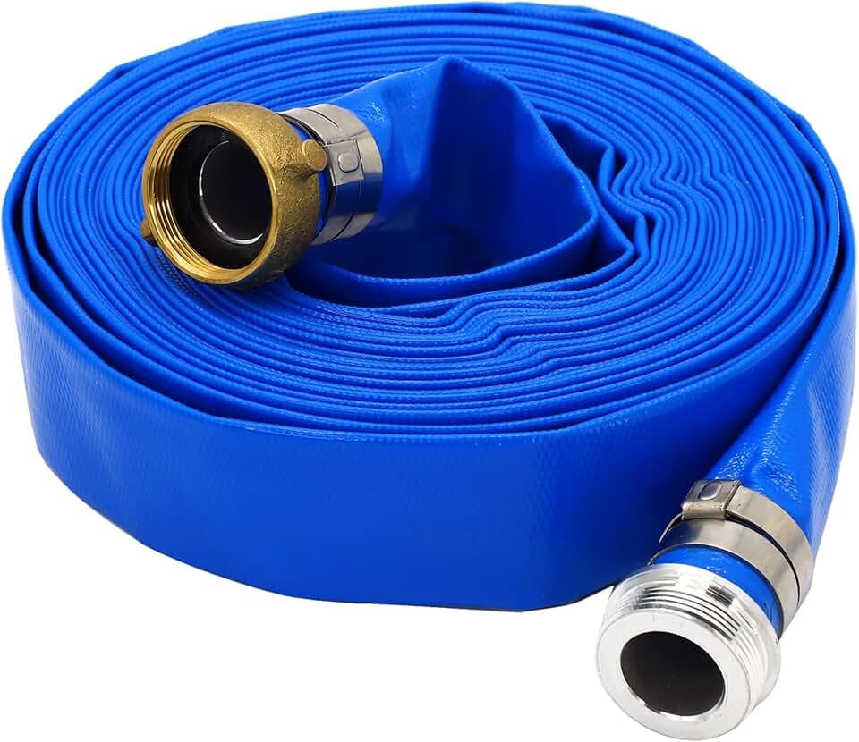 DAVCO 2" ID × 25 ft Pool Backwash Hose, Heavy Duty Reinforced Blue PVC Lay Flat Water Discharge Pump Hoses For Swimming Drain Pools and Clean Filters, With Aluminum Pin Lug Fittings