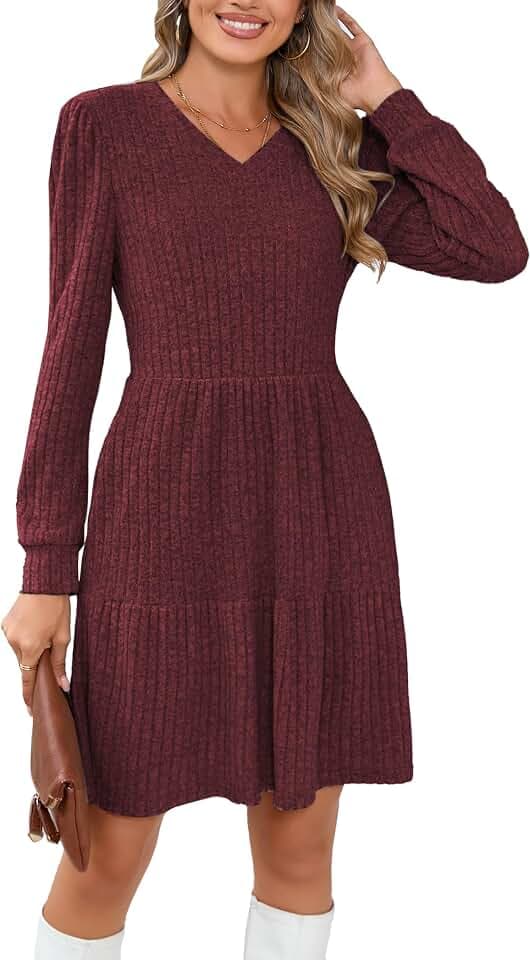 Famulily Damen Pulloverkleid Langarm V-Ausschnitt Winter Strickkleid Knielang Kleid mit Taschen