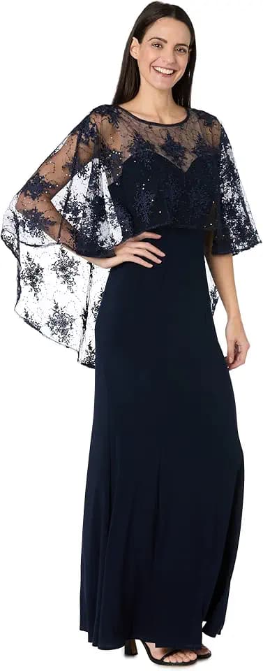 R&M Richards Women's Cocktail Dress W/Sheer Sequin Illusion Overlay & Flared Silhouette -Long Formal Evening Gown