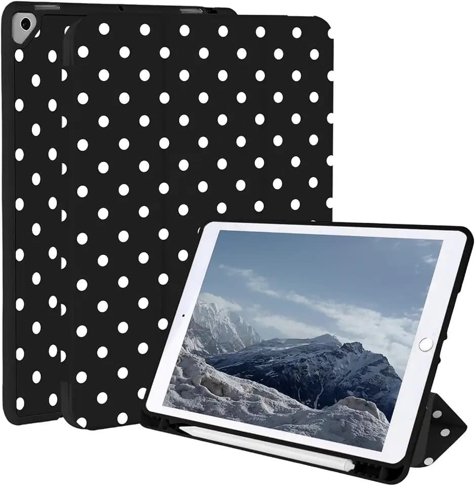 Case for iPad 9th/ 8th/ 7th Generation Case 10.2&10.5 Inch (2021/2020/2019 Release), Slim Lightweight Soft Trifold Back Cover with Pencil Holder & Auto Sleep/Wake Cover,Black Polka Dots