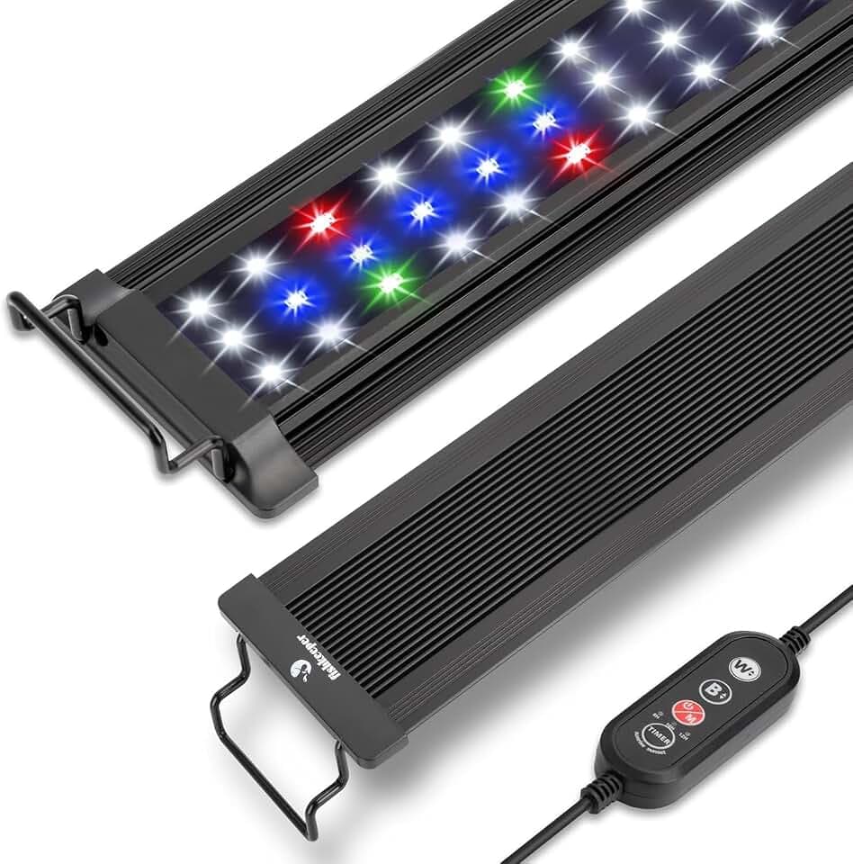 Aquarium Beleuchtung, Aquarium LED Vollspektrum Beleuchtung, 10 Stufen der einstellbaren Helligkeit, 45W 24/7 Allwetter-Beleuchtungsmodus, mit einziehbarem Ständer für Aquarien Größen 85-115cm
