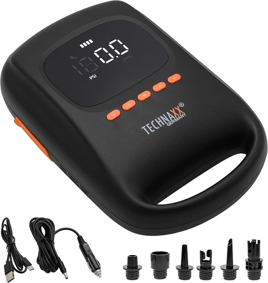 Technaxx SUP Pumpe Elektrisch Akku 20 PSI, Kabellose Luftpumpe für Stand Up Paddle Board, Kajak, Schlauchboot & Luftzelt, Digitaldisplay, Auto-Off, 7500 mAh Powerbank, 6 Düsen - TX-266