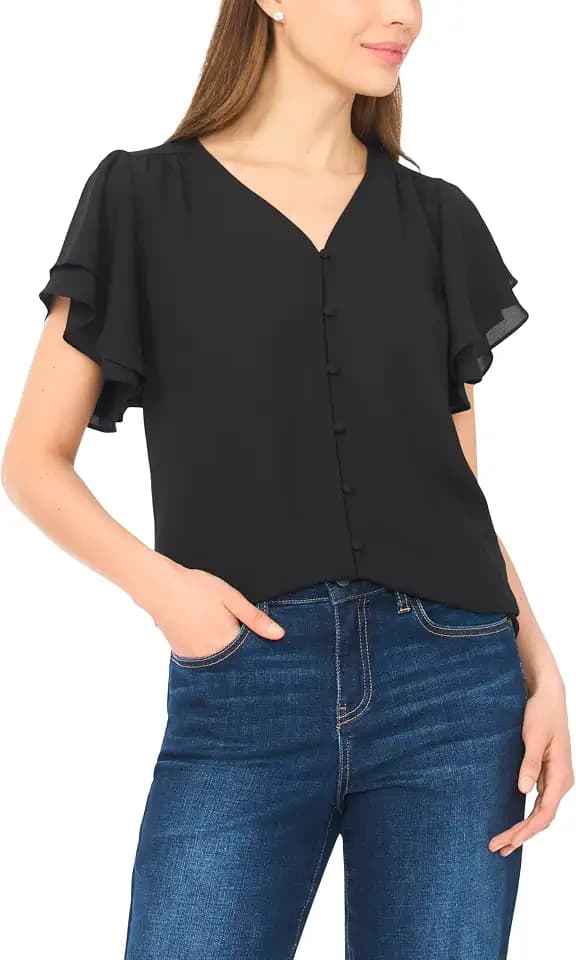 CeCe Double Flutter Sleeve Shirred Shoulder Top