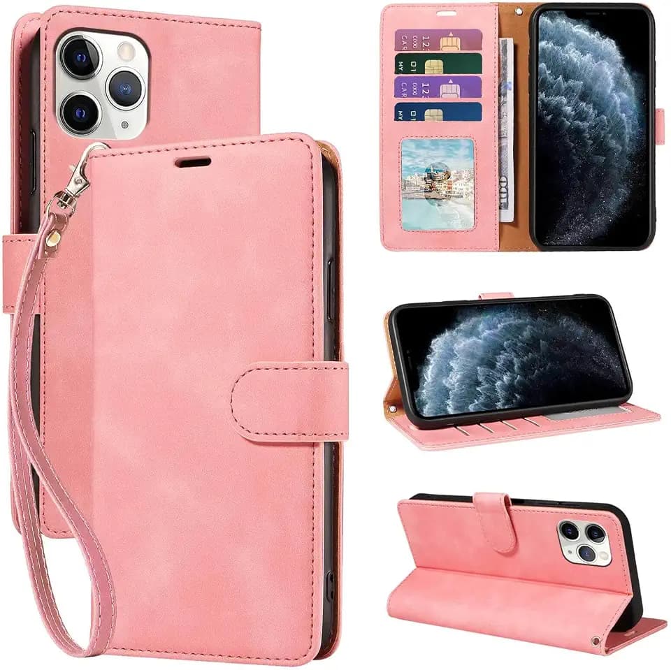 for iPhone 11 Pro Max Case Wallet RFID 4 Card Slots, Strap, Pink