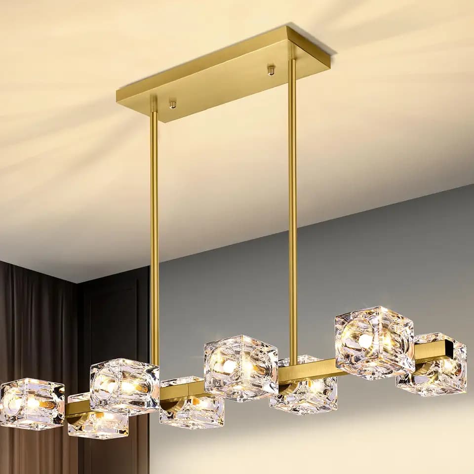 Modern Crystal Chandeliers for Dining Room, 8-Light Gold Rectangular Lights