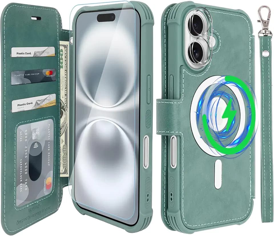 VANAVAGY Wallet Case for iPhone 16 for Magsafe, Forest Green