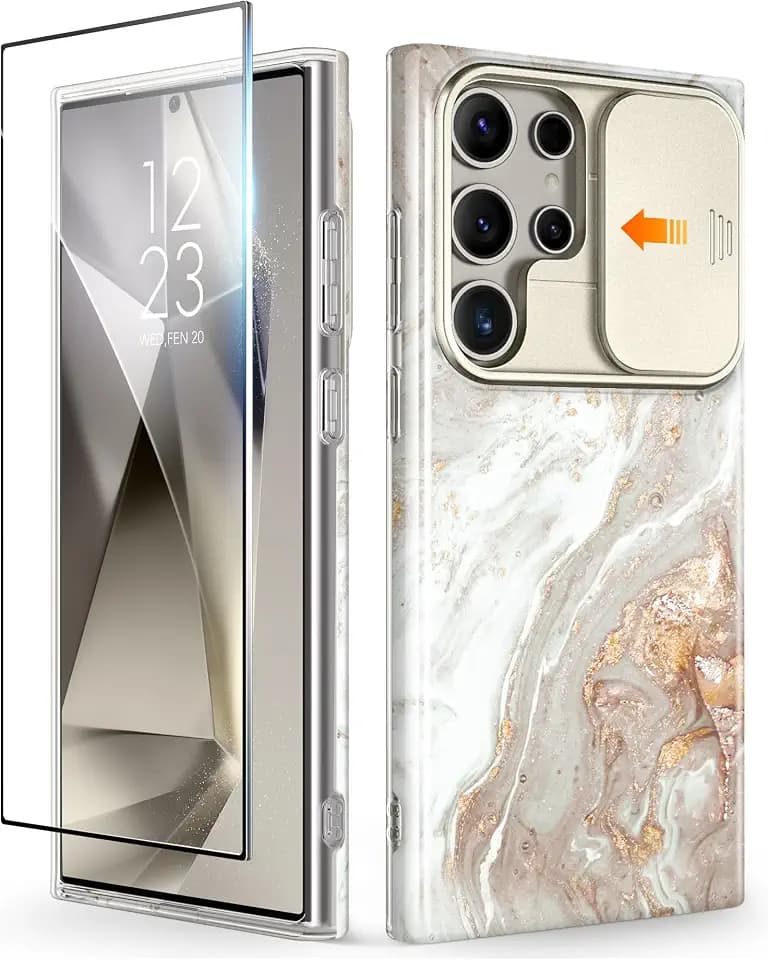 GVIEWIN Kompatibel mit Samsung Galaxy S24 Ultra Hülle mit Schiebekamera Abdeckung+Displayschutzfolie, [10FT Fall stoßfest] Marmor Anti-Kratz stoßfeste Schutzhülle 5G 6,8 Zoll 2024, Perlmutt/Gold