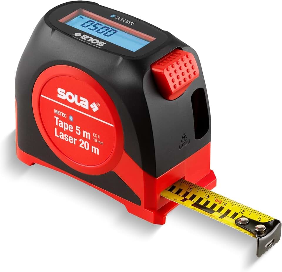 SOLA METEC - 2 in 1: Maßband digital (5m) und Entfernungsmesser (20 m) - Rollbandmaß digital mit LCD-Anzeige und 7 Messfunktionen - Übertragen der Messwerte auf Smartphone-App