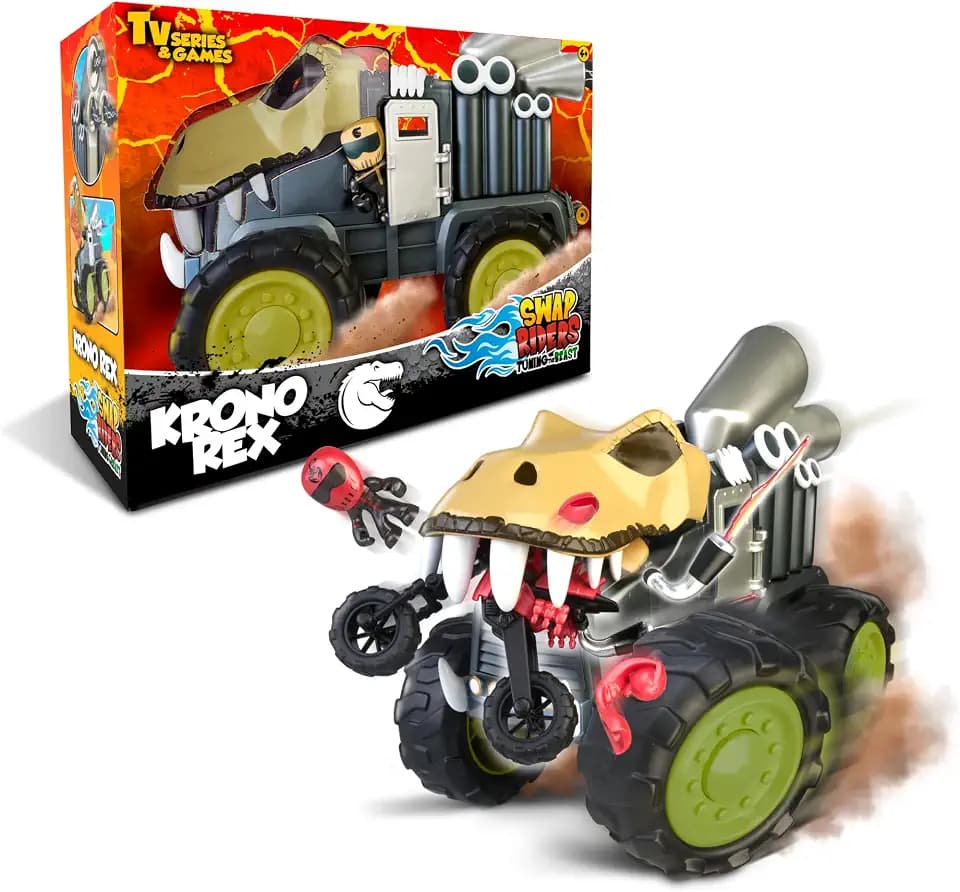 KRONO REX LKW, Monstertruck, Renn- und Actionfahrzeug, Dinosaurier-Thema T-Rex, 1 Exklusive Rider-Figur, auswechselbare Spielkarten, Jungen und Mädchen + 4 Jahre, Famosa (WAP00000)