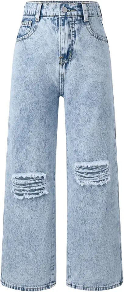 Jeans for Girls Baggy Wide Leg Ripped High Elastic Waisted Denim Pants Y2K Boyfriend Skater Streetwear Cute Trousers 7-14Y