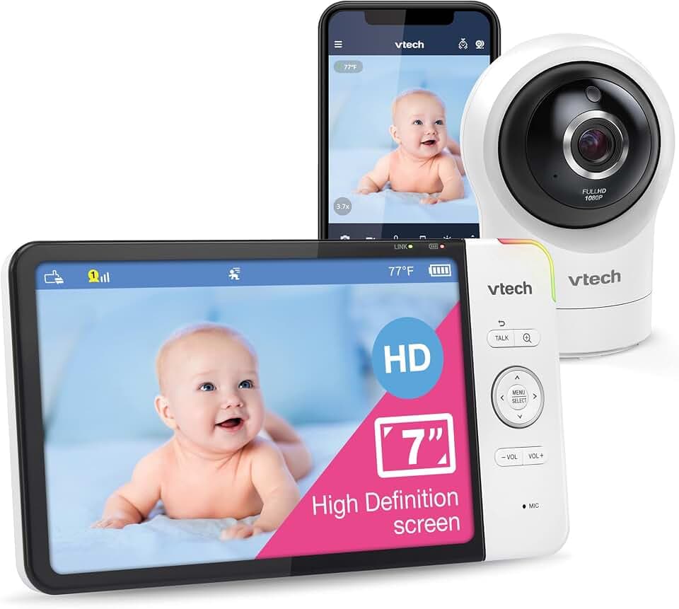 VTech RM7764HD 1080p WiFi Remote Access Baby Monitor, 360° Pan&Tilt, 7” 720p HD Display, HD Night Vision, Soothing Sounds, 2-Way Talk, Temperature Sensor, Motion Detection, iOS & Android
