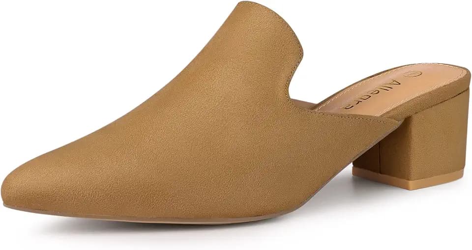 Allegra K Women Faux Suede Slip on Pointed Toe Chunky Heels Slide Mules