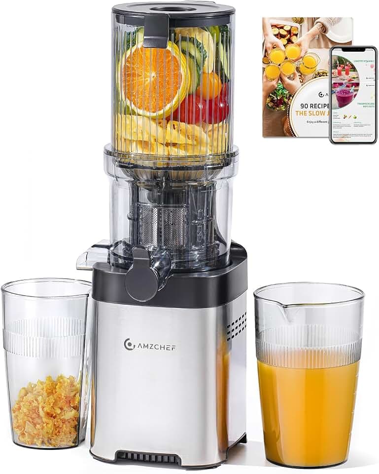 AMZCHEF Entsafter Slow Juicer – 115MM Einfüllöffnung für Ganze Gemüse und Obst - Kompakter Saftpresse Hohe Saftausbeute, Leise, Einfach zu Reinigen