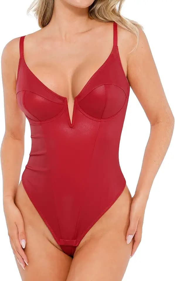 Popilush Body Suits for Women Tummy Control Faux Leather Bodysuit