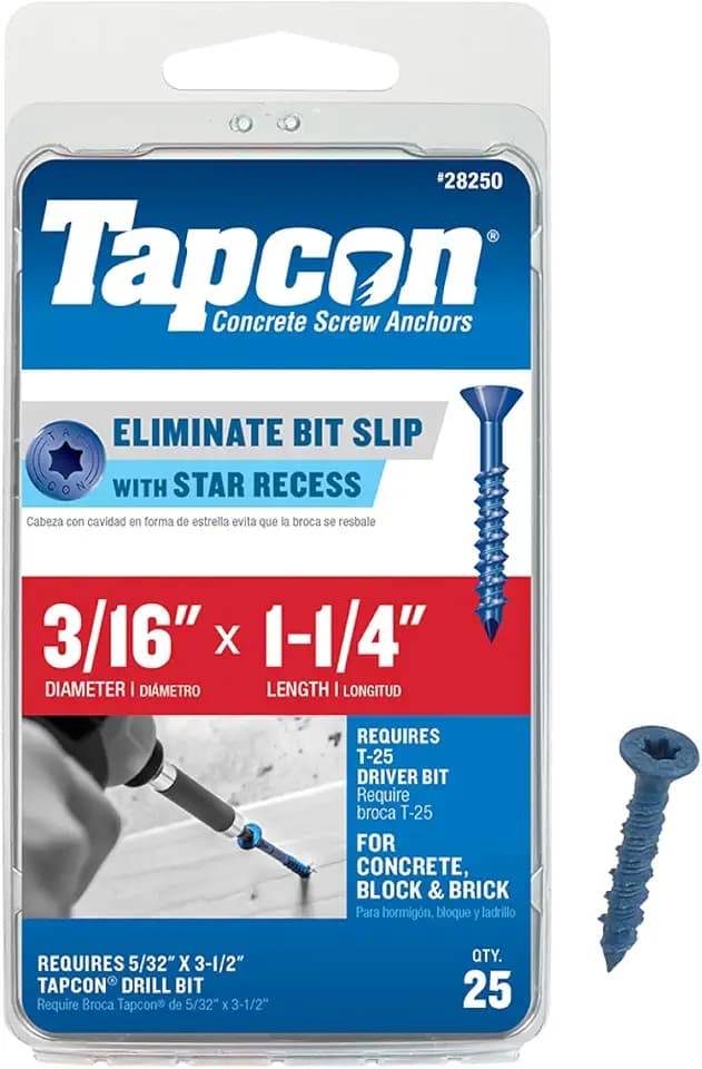 Tapcon 3/16 x 1-1/4 Inch Blue Climaseal® Star Head Concrete Anchors, 25 PCS, Corrosion Resistant Coating, Heavy-Duty Concrete and Masonry Screws, Superior Holding Strength, Drill Bit Sold Separately