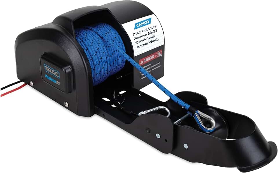 Camco TRAC Outdoors Pontoon 35-G3 Electric Boat Anchor Winch - Easy-to Operate & Features a High-Efficiency, 12-Volt DC, All Steel Gear Motor & 100-feet Pre-Wound Double-Braid Anchor Rope (69003)