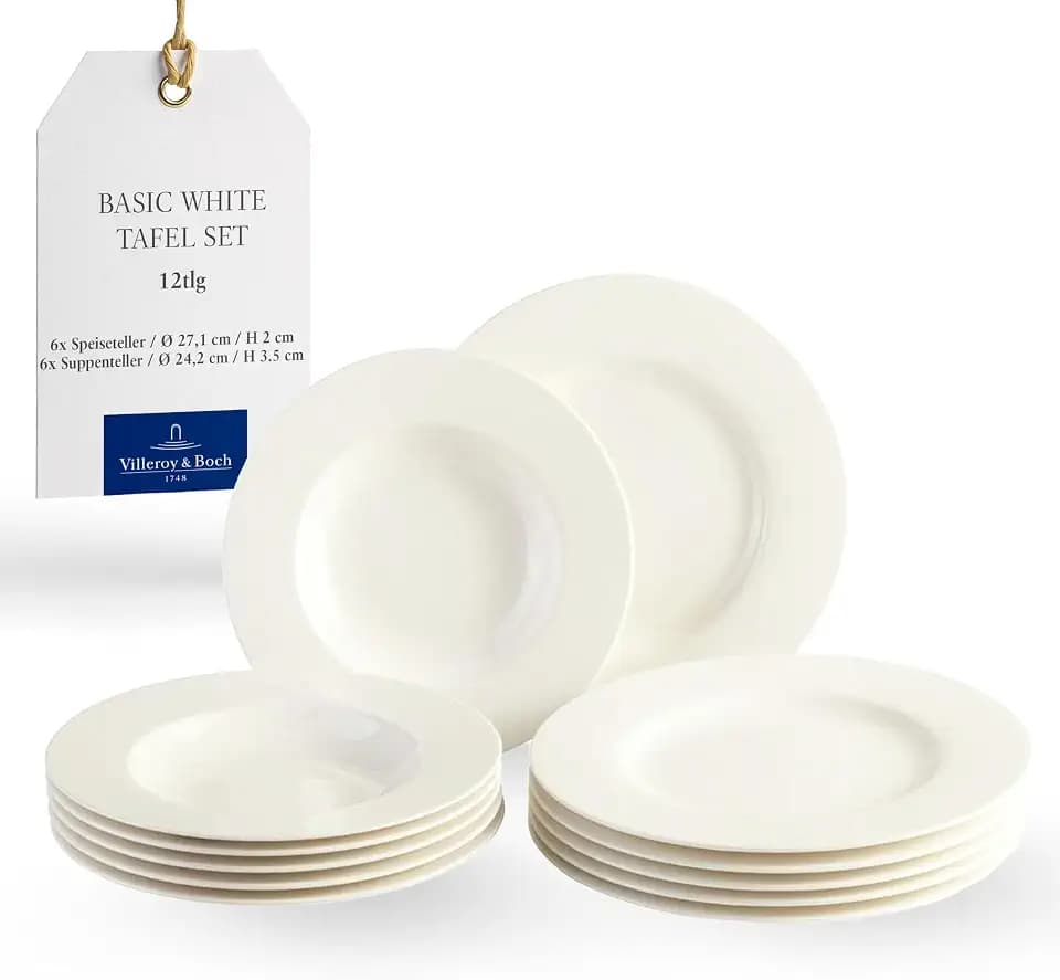 vivo - Villeroy & Boch Group - Basic White Tafelservice 12 teilig 6 Personen Weiß, Teller Set, Weißes Geschirr, Geschirrset, Speiseteller, Suppenteller, Spülmaschinenfest, Premium Porzellan