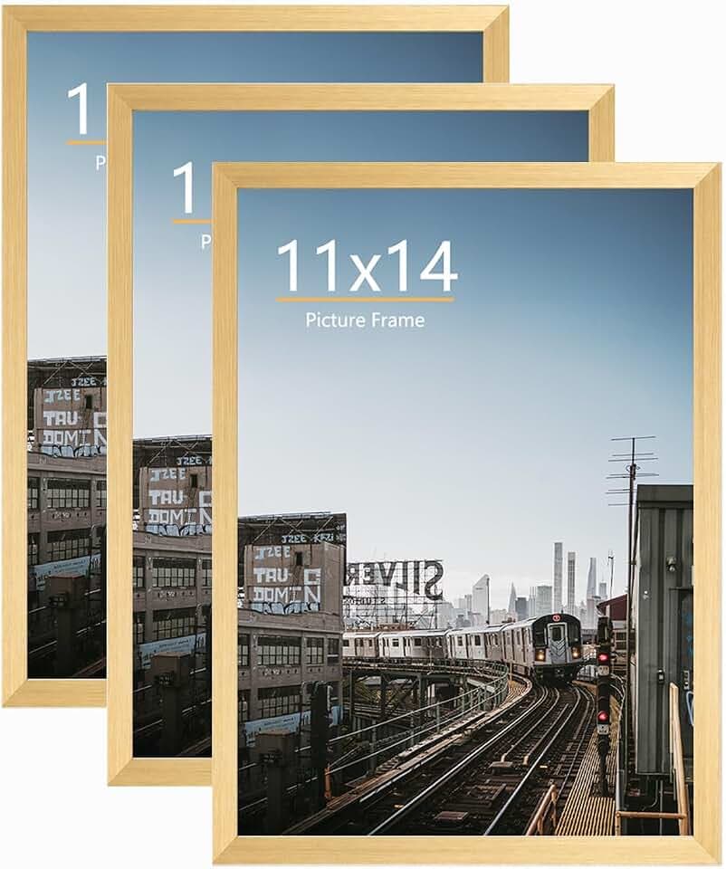 11x14 Picture Frame, Display 11 x 14 Posters Photos for Wall Hanging, Vertical Horizontal, Gold, 3 Pack