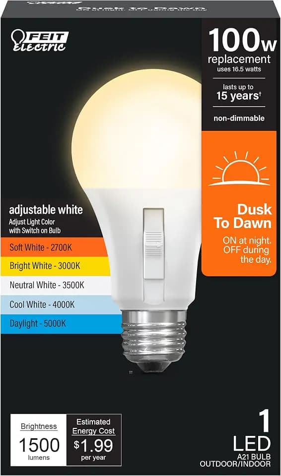 Feit Electric A21 LED Dusk-to-Dawn Light Bulb, 100W Eq, 5CCT, E26 Base