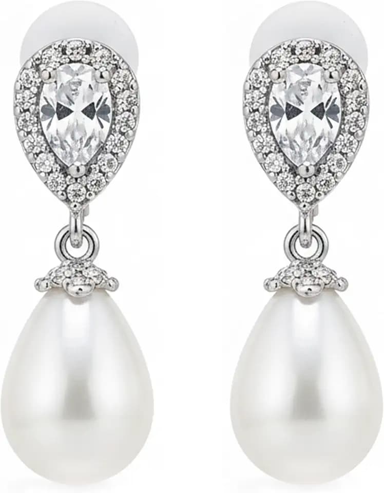 Mariell Pearl Bridal Wedding Drop Earrings with CZ Crystals for Brides, Bridesmaids, Birthday Gift