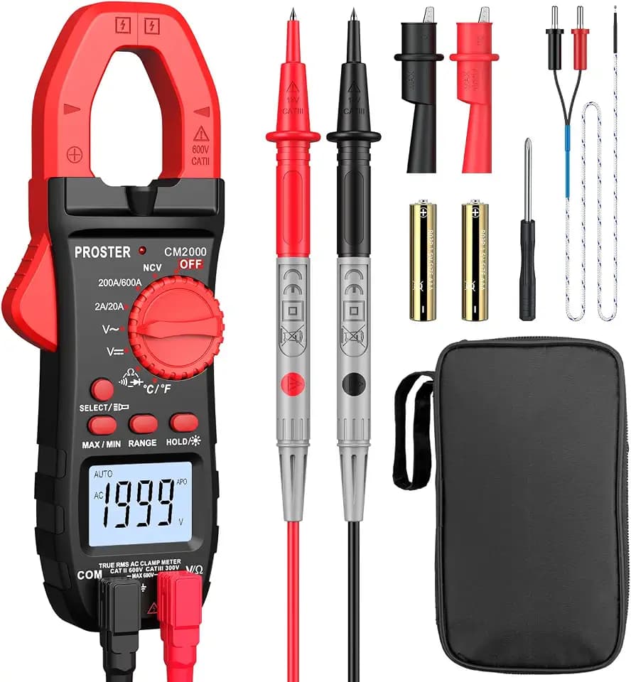 Proster Auto-Ranging Digitale Stromzange 2000 counts TRMS 600A AC-Strom AC/DC-Spannung Strommesszange Strommessgerät mit Licht für NCV Kontinuität Widerstand Temperatur Diode Hz-Test