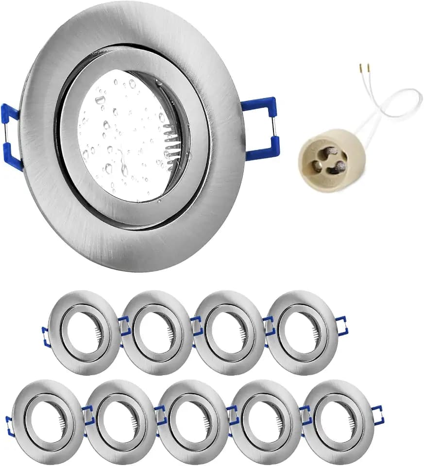 GeyouLux 10x Einbaustrahler GU10 Einbaurahmen IP44 Nickel Lochmaß 65-75mm | Aluminium, Ø84mm Deckenspots, Nickel gebürstet, mit 230V GU10 Fassung, bis 50W, für Bad Küche, Rund Flach, ohne Leuchtmittel