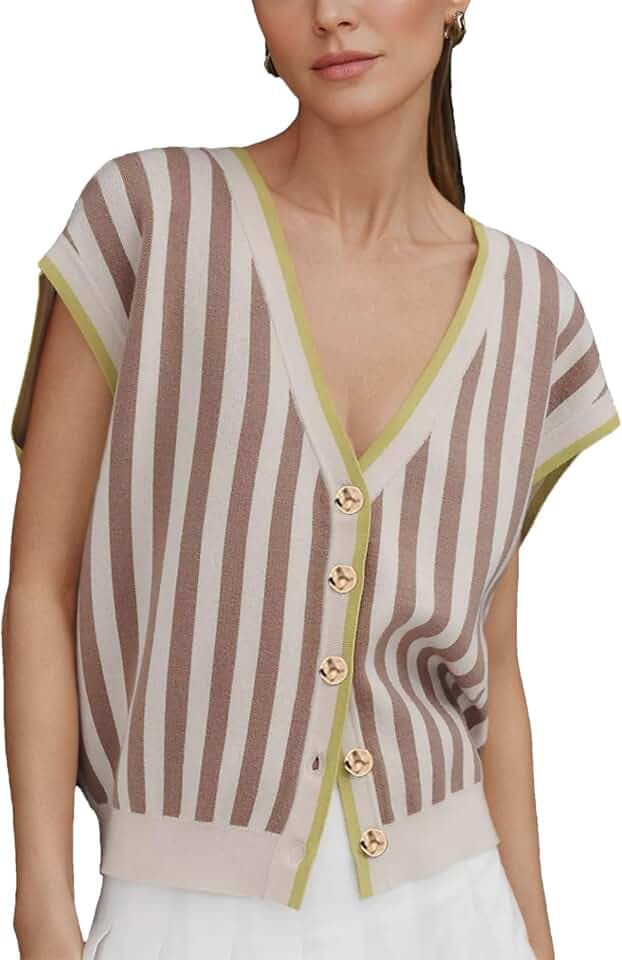 HangNiFang Womens Summer Striped Knit Cardigan Golden Button Sweater Vest