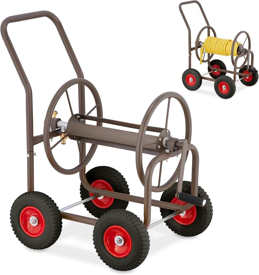 Relaxdays Schlauchwagen, bis 60 m, 4 Vollgummireifen, Klickkupplung, Schlauchtrommel Metall, Schlauchabroller, braun