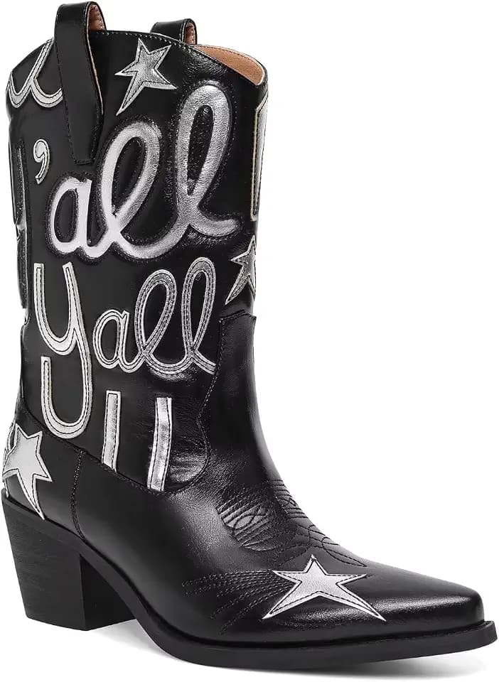 HOCHFART Women's Cowboy Boots Mid Calf Pointed Toe Low Chunky Heel Embroidery Metallic Pull On Western Festival Concert Fashion Cowgirl Boots