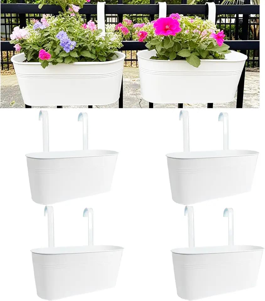 17" Hanging Metal Railing Planter with Detachable Hook, Oval White, 4 Pack