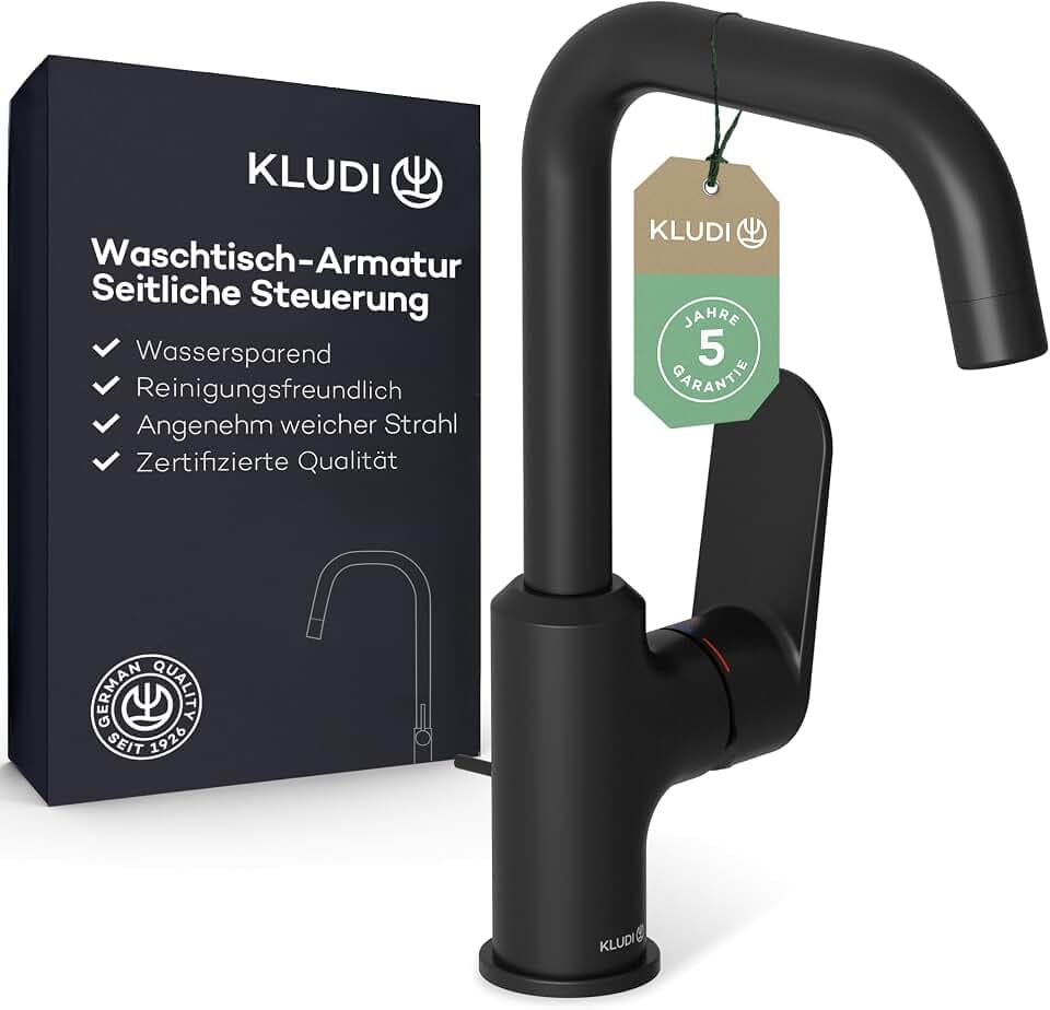 KLUDI-X1 Wasserhahn Bad mit Zugstangen-Ablauf, 360° schwenkbar, Auslaufhöhe 205 mm, wassersparende Waschtischarmatur Schwarz Matt Größe L, Mischbatterie Waschbecken inkl. Anschlussschläuche