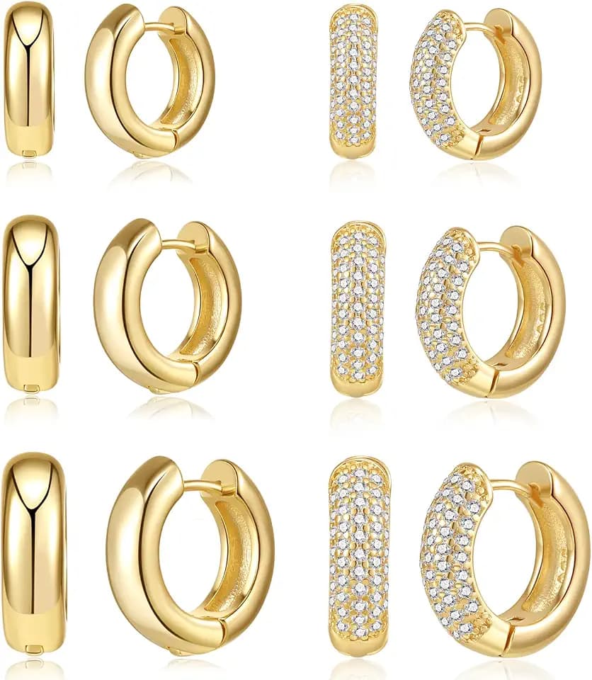 6 Pairs Chunky Small Gold Hoop Earrings Set for Women Men 14K Gold Plated Dainty Hypoallergenic Cz Diamond Hoops Huggie Earring Stack for Mutliple Piercing Ear Cuff Cartilage Earrings Jewelry Gifts