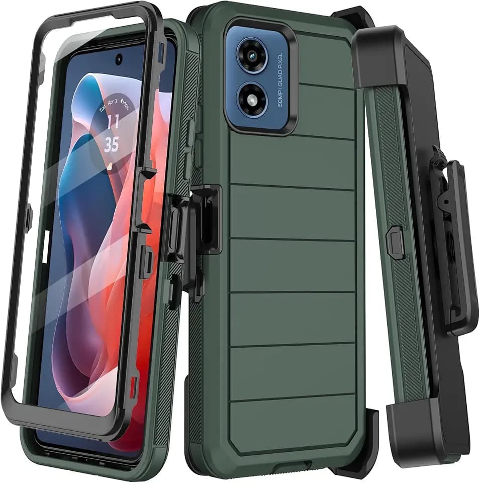 KECAI for Motorola Moto G Play 2024 Case with Belt Clip Holster,Built-in Screen Protector,Heavy Duty Shockproof Drop Protection Military Grade Durable Full Body Phone Cover with Kickstand (Deep Green)