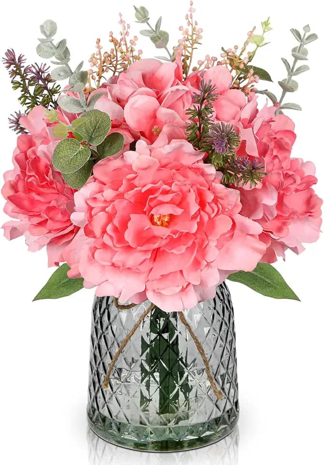 Briful Faux Flowers with Glass Vase Artificial Peony Hydrangea Silk Floral Arrangement Realistic Fake Flowers Bouquet in Vase for Home Office Dining Room Table Centerpiece Mantle Decor(Peach Pink)