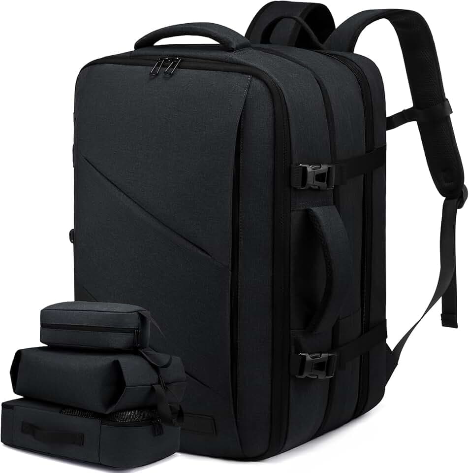 LOVEVOOK 30-40L Handgepäck Rucksack, Supergroßer erweiterbar Reiserucksack Flugzeug, Laptop Rucksack für 17 Zoll Herren Damen, Flug genehmigt Rucksack Anti-Diebstahl, Schwarz