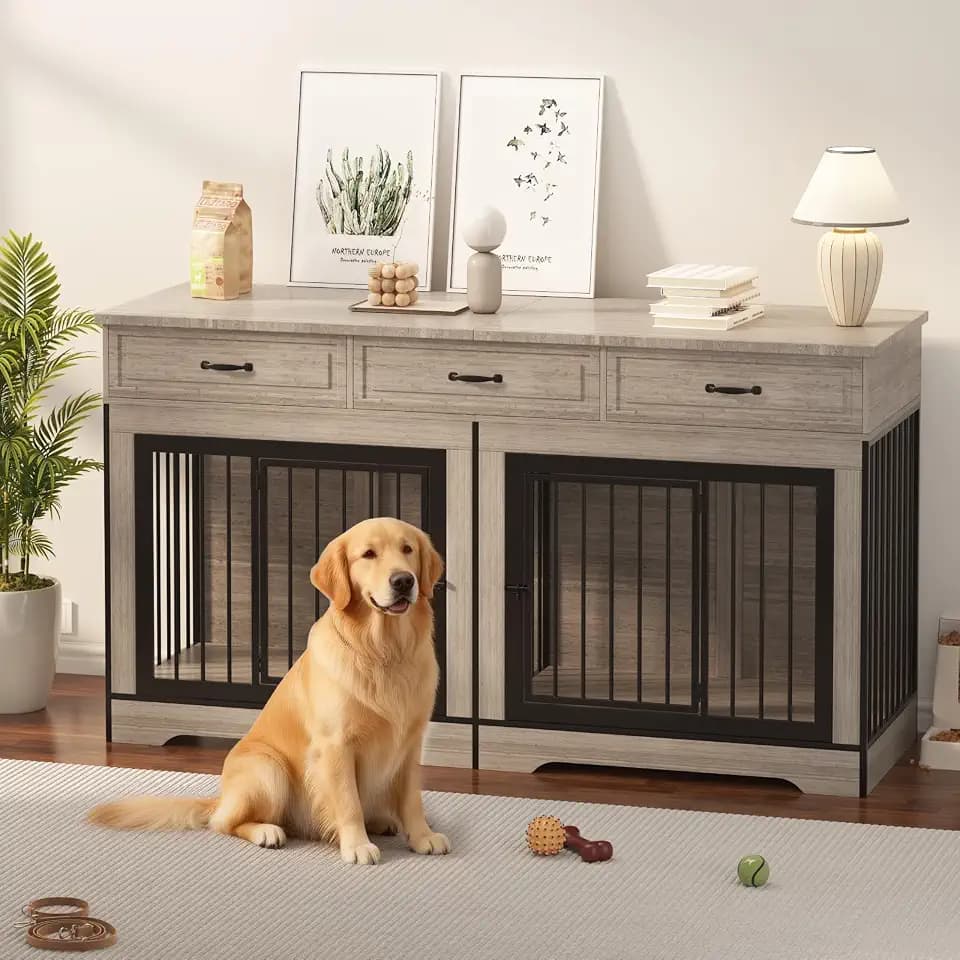 XL Dog Crate Furniture for 2 Dogs, Heavy Duty Double Dog Crates with 3 Drawers for Medium/Large Dogs