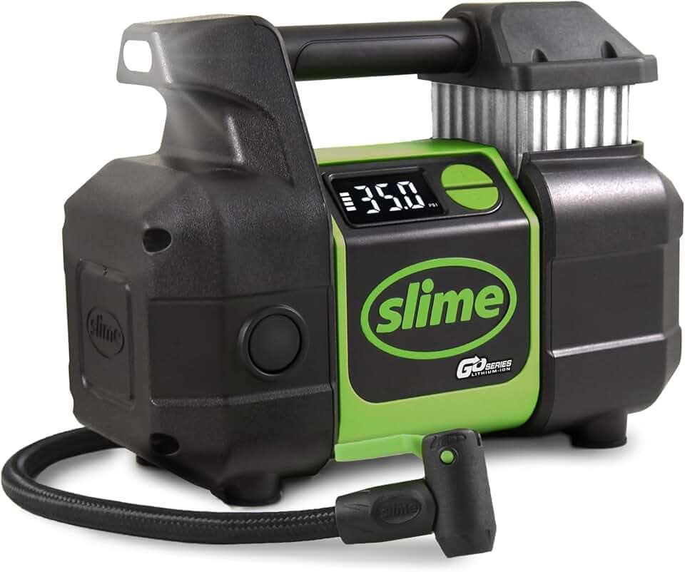 Slime 40086 Tire Inflator, Cordless, Pro Power, Portable Air Compressor Pump, Auto Shut-Off, Lithium Ion Battery and LED Light, Rechargeable, 3 min inflation