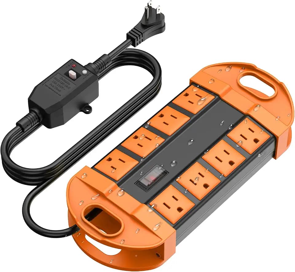 CCCEI GFCI Outdoor Power Strip Weatherproof with 8 AC, Waterproof Extension Cord with Multiple Outlets, Wall Mount Surge Protector Flat Plug, Christmas Exterior Garden, Yard, 25FT, Orange.
