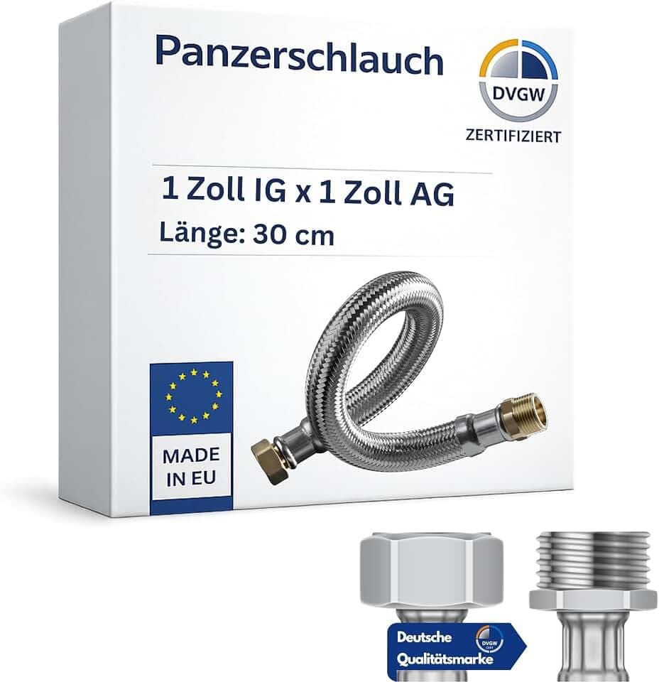 DVGW gep. Panzerschlauch 1 Zoll DN25 Edelstahl Flexschlauch Wasseranschluss Heizung Enthärtungsanlage mit Edelstahlumflechtung | 30 cm Überwurfmutter x Außengewinde