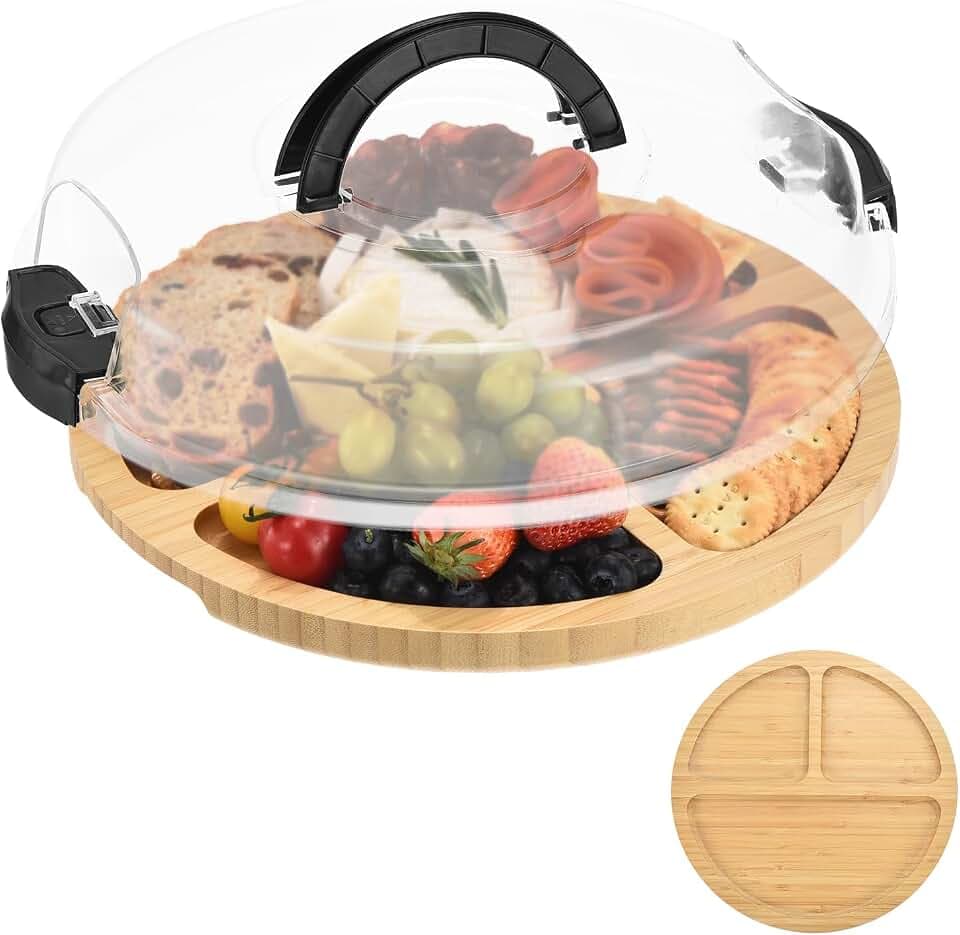 Round Charcuterie Board with Lid and Handle - Portable Cheese Board for Travel,Bamboo Cutting Board for Kitchen,Gifts for House Warming, Bridal Shower (3 Compartment, Black)