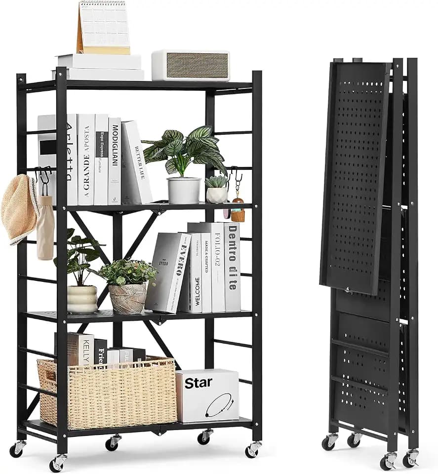 VEVOR 4 Etagen, Klappbare Regale mit Rädern, 33x66x117cm, Faltbares Schwerlastregal, montagefreies Standregal, Haushaltsregal, Küchenregal, Metallregal für Garage, Küche, Keller, schwarz