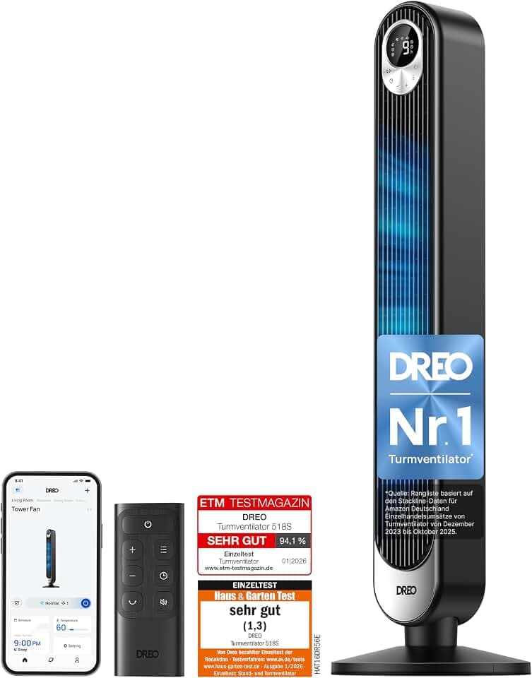 Dreo Smart DC Motor Turmventilator Leiser, 11M Windentfernung Ventilator mit Fernbedienung,9 Stufen 4 Modi, 90° Oszillierender Standventilator mit Sprachteuerung für Schlafzimmer, 12H Timer