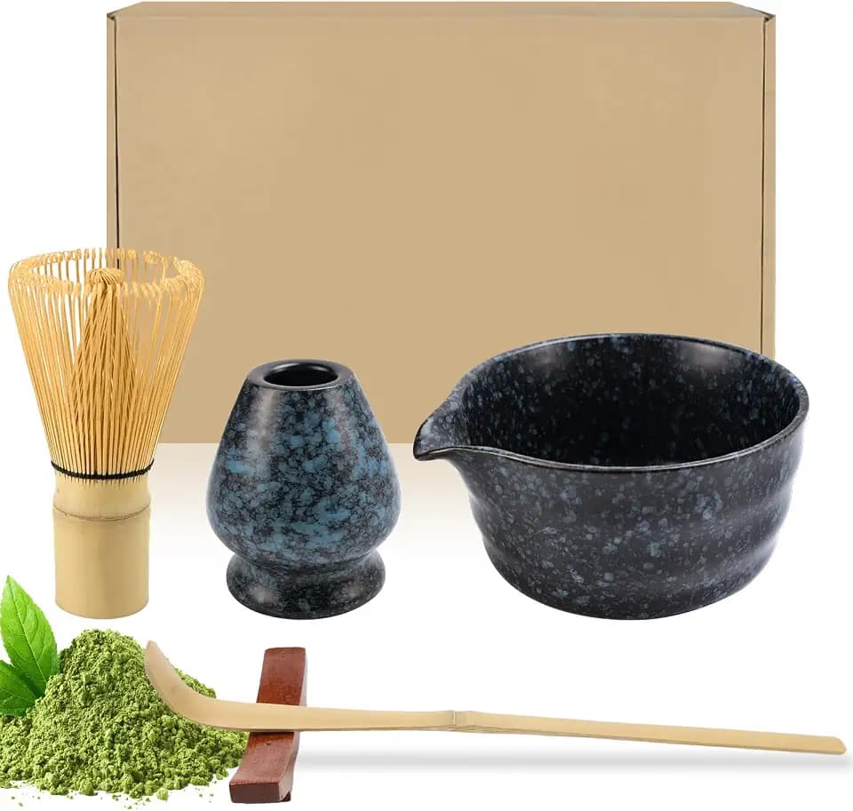 Raxfekro 5-Teiliges Matcha Set, Matcha Besen, Matcha-Schneebesen, Matcha Löffel, Matcha Schüssel mit Auslauf, Matcha Whisk, Keramik Matcha Tea Set (schwarz mit blau)
